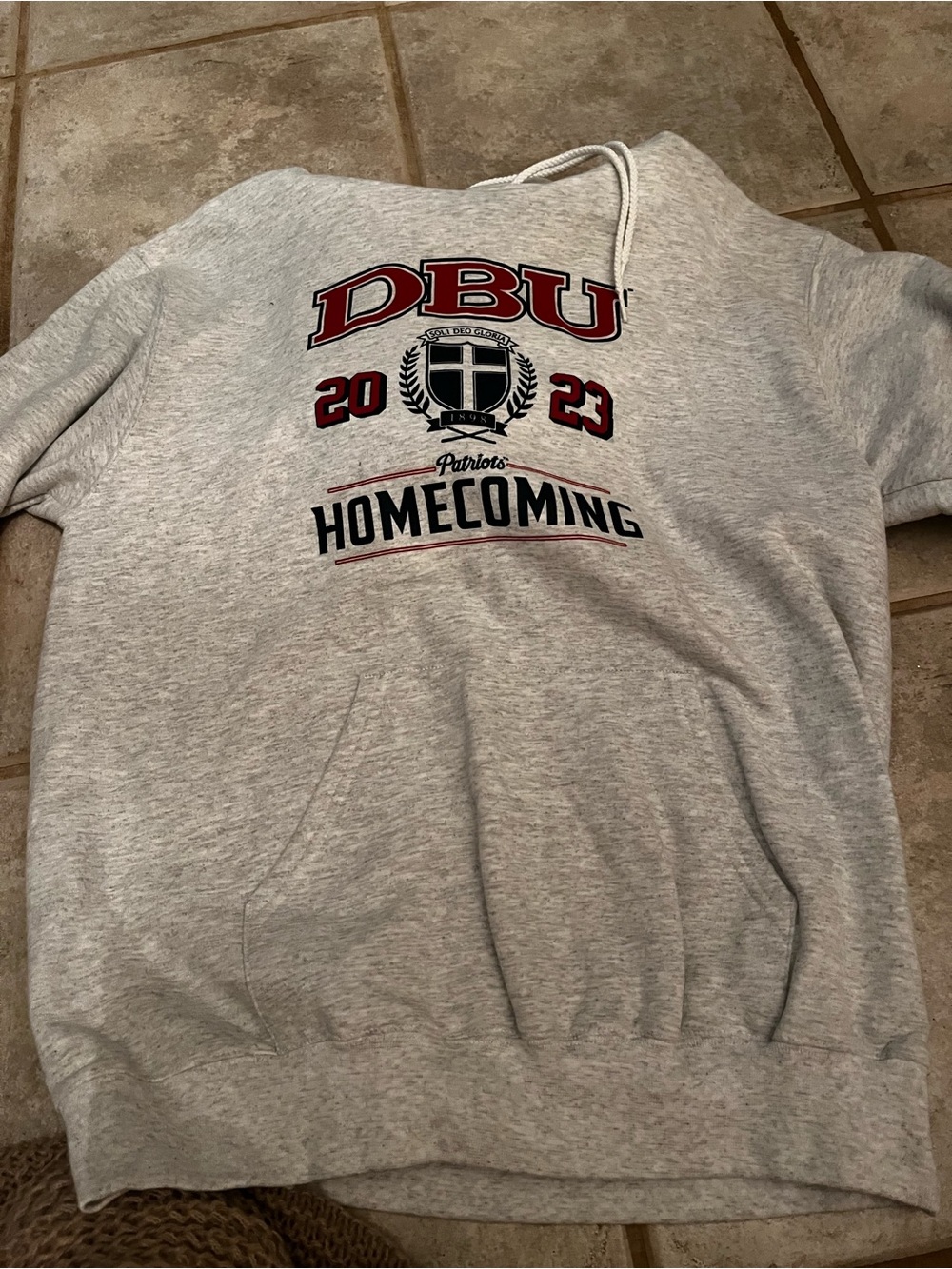 Champion Light Gray Hoodie with Navy Logo Tag